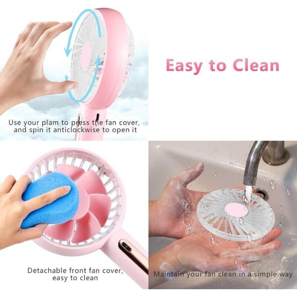 Bærbar ventilator. USB genopladelig lommeventilator med base. Stille håndholdt ventilator med fire hastigheder - pink.