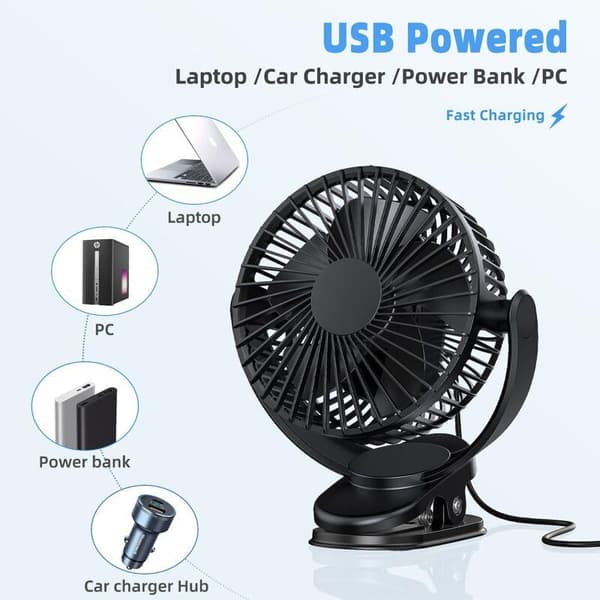 Beiji Art USB Genopladelig Mini Ventilator – 5000 mAh – Tre Ventilatorhastigheder – 360° Rotation – Clip-on Ventilator