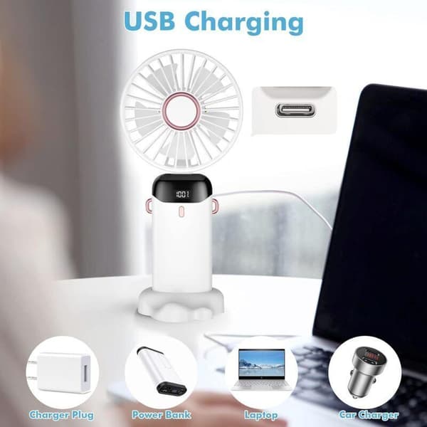 Mini bærbar ventilator, USB genopladelig. Lille lommeventilator med stativ. Sammenklappelig bordventilator - hvid.