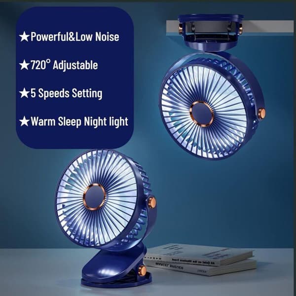 Mini bærbar clip-on ventilator. Lille genopladelig USB-bordventilator med tre hastigheder - blå.