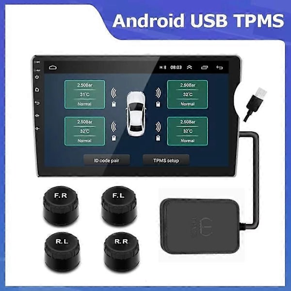 USB Android TPMS med sensorer Däcktrycksövervakningssystem Larm Utbyte Trådlös överföring Däcktrycksövervakningssystem