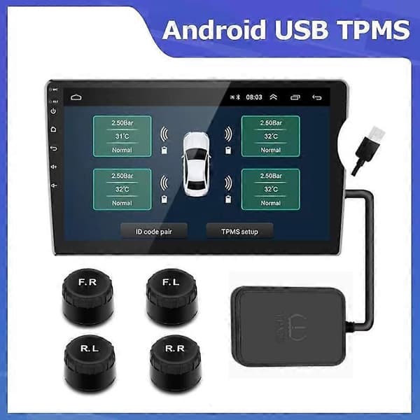 USB Android TPMS med sensorer Dekktrykkovervåkingsalarmsystem Trådløs overføring Dekktrykkovervåkingssystem