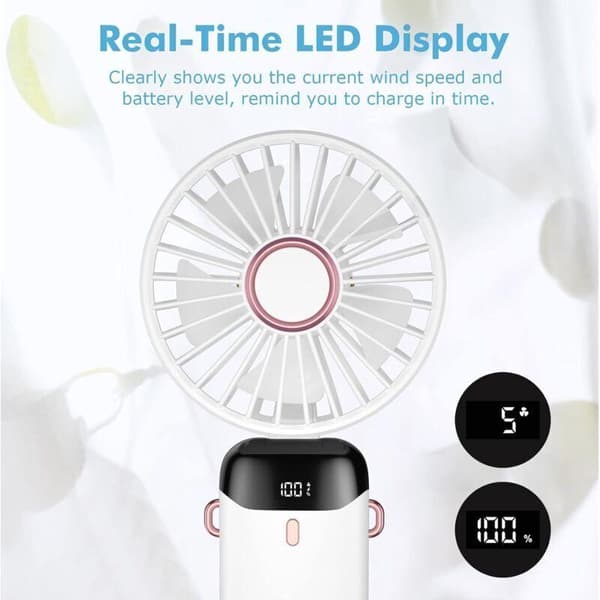 Mini bærbar ventilator, USB genopladelig. Lille lommeventilator med stativ. Sammenklappelig bordventilator - hvid.