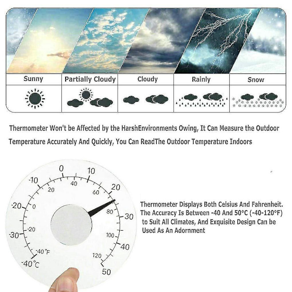 Fönstertermometer för utomhusbruk inomhus, inga batterier krävs, klar urtavla, vädertermometer, noggranna avläsningar för hem, kontor, uteplats (ZYH)