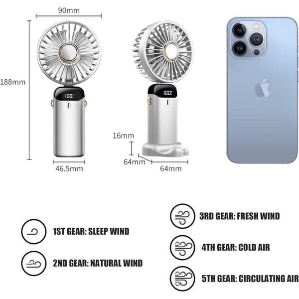 USB genopladelig bærbar ventilator med 5 justerbare hastigheder. Sammenfoldelig ventilator med skærm (hvid).