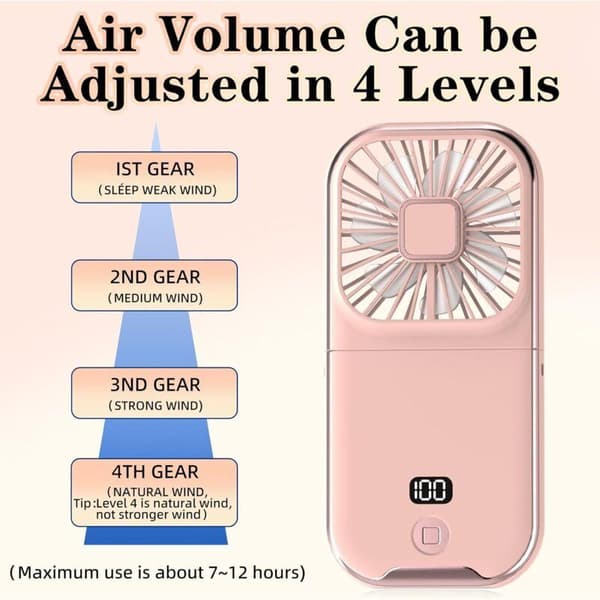 Mini bærbar ventilator, USB genopladelig lommeventilator, lille lydløs lommeventilator (pink)
