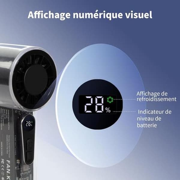 Bærbar lommeventilator med integreret kølefunktion. LED-display. Sort gennemsigtigt kabinet.