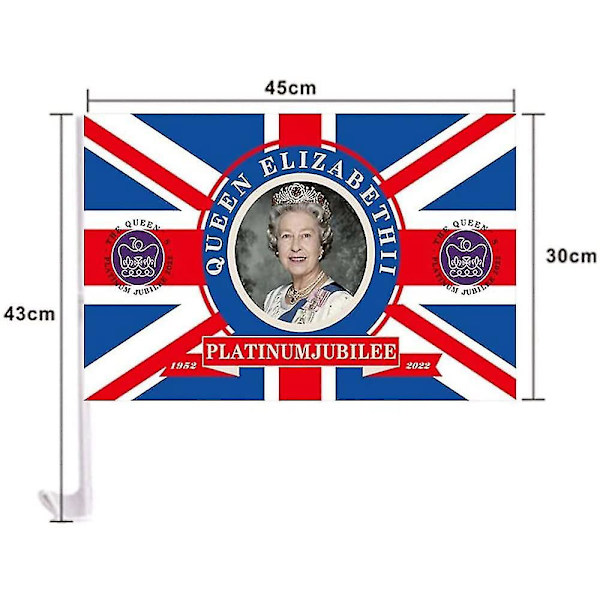 Union Jack bilflaggor, 2 st Queens Platinum Jubilee bilflaggor med plaststolpar Flagga 45cm X 30cm (ZYH)
