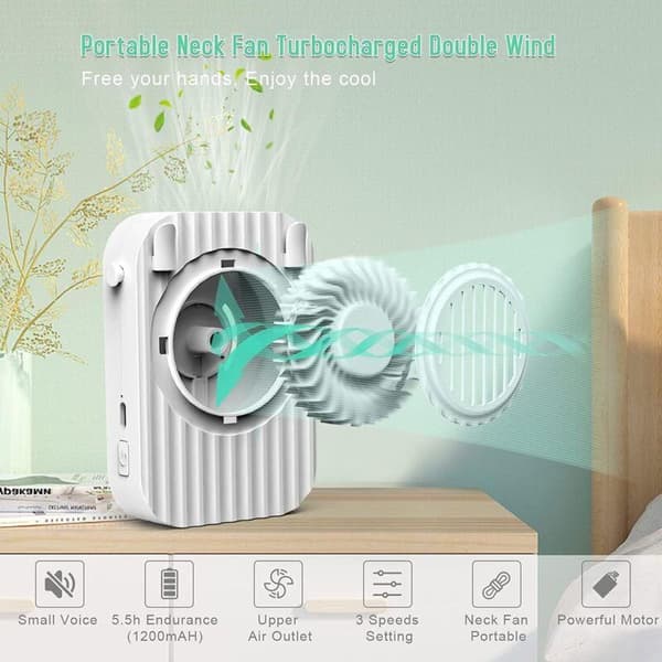 Bærbar halsventilator, genopladelig loftventilator, lille USB-lommeventilator til udendørs brug (hvid)