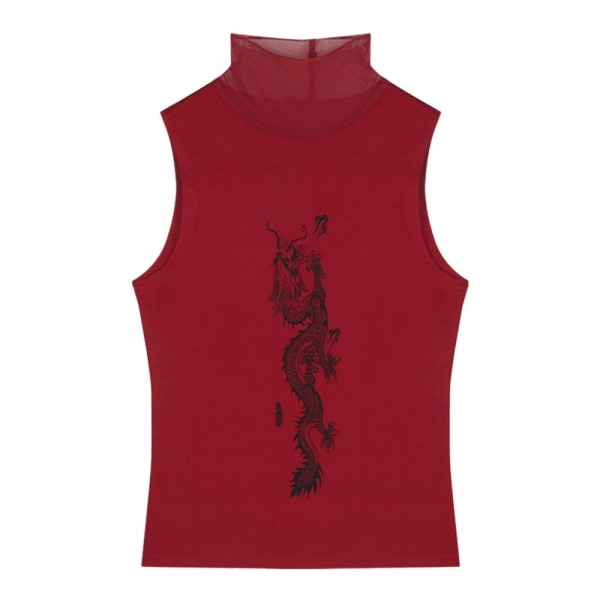 Röd printed T-shirt Sexig topp med hög hals RÖD L