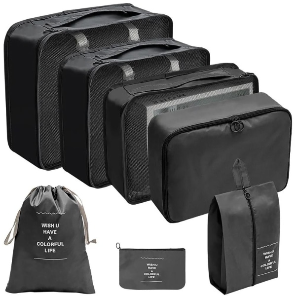 7 stk/sett Reiseoppbevaringsposer Reisepakning Kuber SVART SVART black