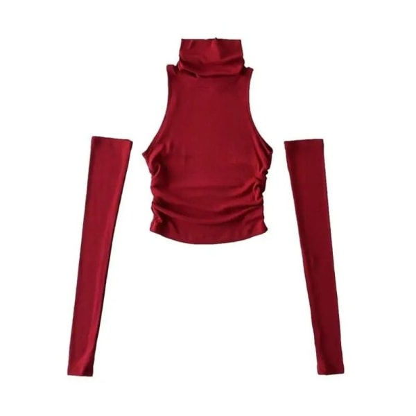 Turtleneck Suspender Crop Top WINE RED XL