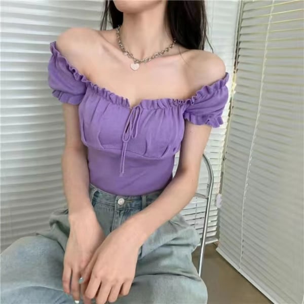 Firkantet hals T-shirt med snoretræk Ice Silk kortærmet top LILLA purple