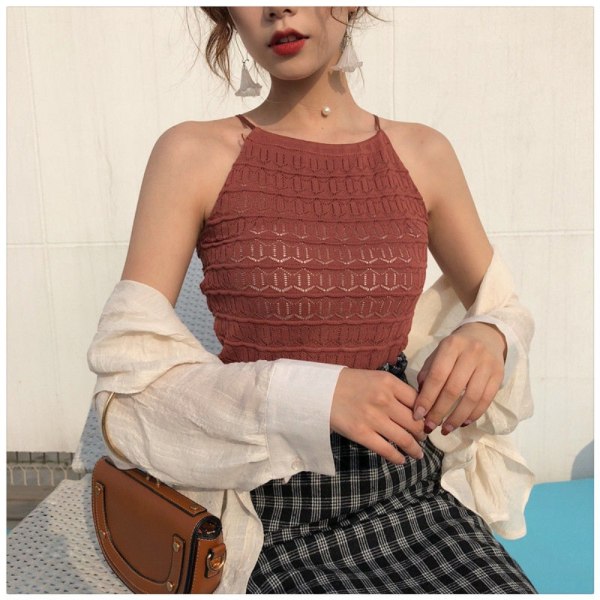 Hanging Neck Knitted Hollow Out Sling Neck Vest BRICK RED Brick Red