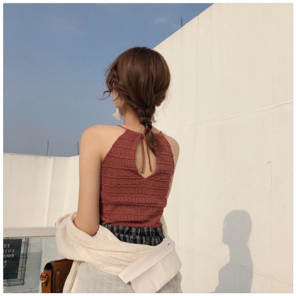 Hanging Neck Knitted Hollow Out Sling Neck Vest BRICK RED Brick Red