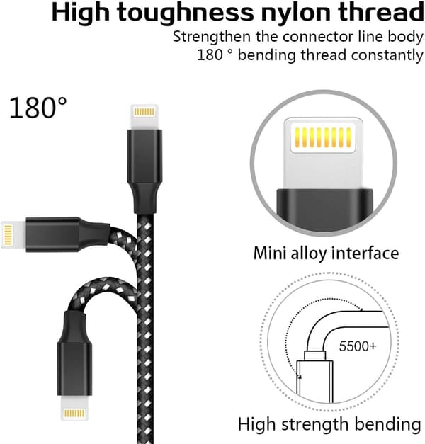 iPhone Laddningskabel 3-pack 3FT/1M Nylonflätad Snabbladdning & Synkronisering iPhone Sladd Svart