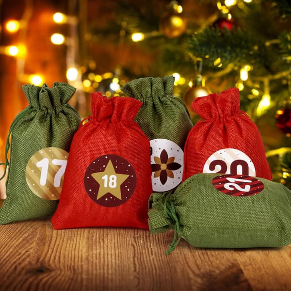 Adventskalenderpose, linned snørepose, juleadventskalender, jule slikpose, 24 nummer stofpose
