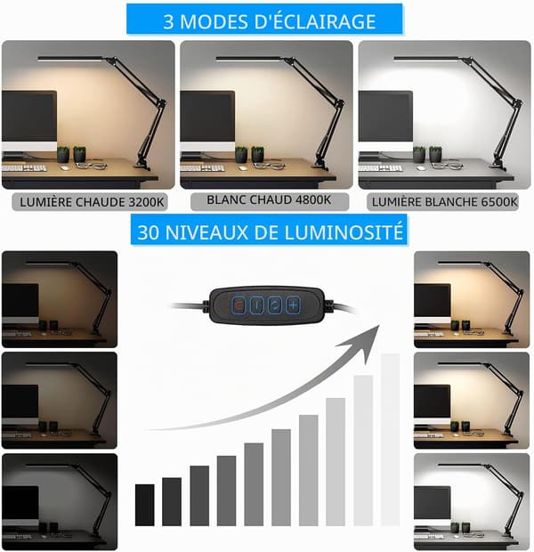 LED skrivebords- og læselampe med USB, dæmpbar og 3 farvetilstande til øjenbeskyttelse
