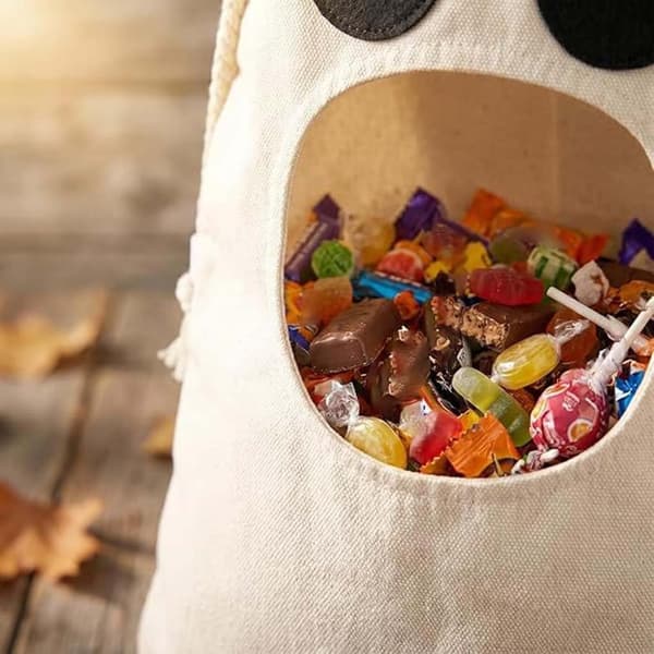 Håndfri spøgelses-slikposer til Halloween, søde spøgelses-slikposer, 2 orange poser