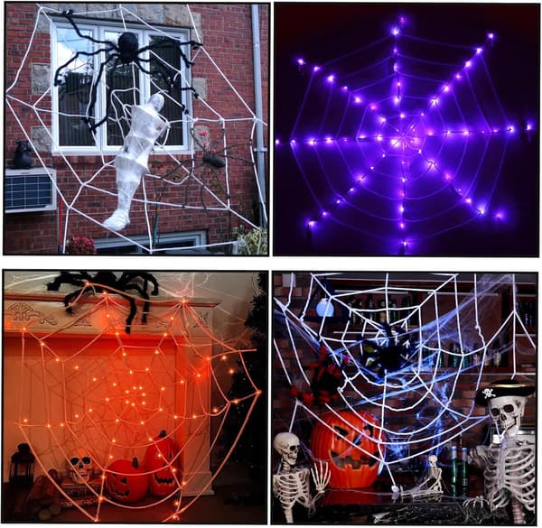 Halloween Spindelvev, 360 cm LED-lysende spindelvev med fjernkontroll, 8 blinkende moduser