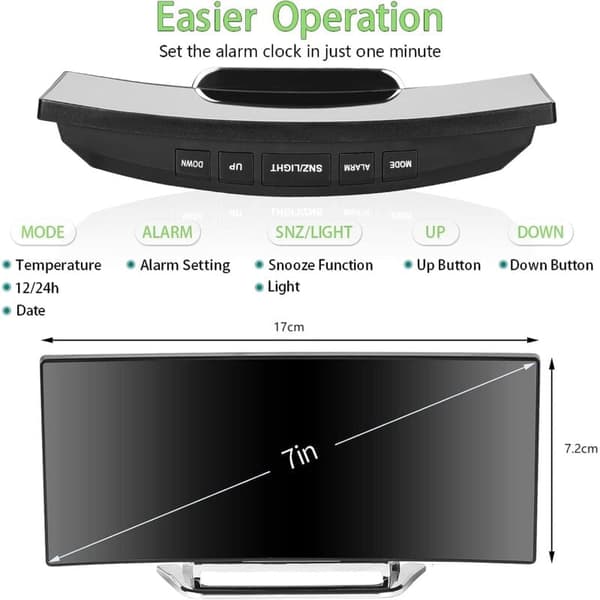 Digital väckarklocka för sovrum, 7'' LED-spegelskärm, 2 ljusstyrkor, temperatur, datum, USB-driven, minnesfunktion