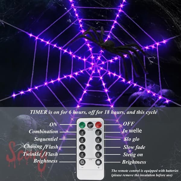 Halloween Spindelvev, 360 cm LED-lysende spindelvev med fjernkontroll, 8 blinkende moduser