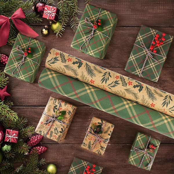 Rolls Kraft Julklappspapper, 43cm×3m Återvinningsbart presentpapper för barnens julklappsinslagning, juldekoration