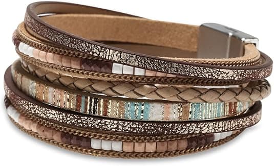 Läderarmband för kvinnor, Boho Leopard Multi-Layer Kristallpärlor Manschettarmband Smycken