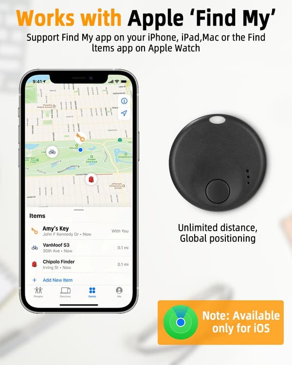 2 stk. Bluetooth nøglefinder, locator, høj biplyd, global placering, udskiftelige batterier, sort iOS