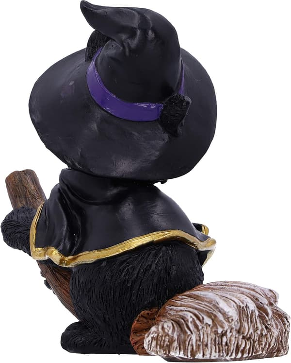 Velkendt sort kat og kosteskaft figur, 11 cm, perfekt til Halloween.