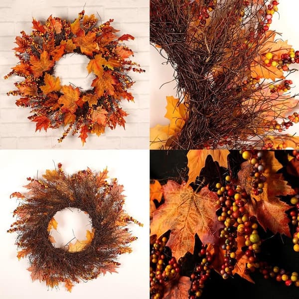Stor Efterårskrans, Efterårskrans til Hoveddør til Udendørs og Indendørs Brug, Halloween, Thanksgiving, Jul - 45 cm