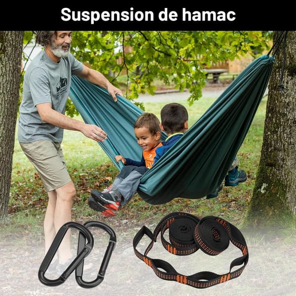 To sorte hængekøjestropper, 2m x 2,5cm ophængsforbindere, velegnet til gynger, vandreture og camping.