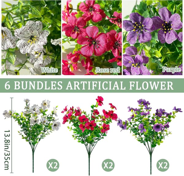 6 stk. sæt med kunstige blomster og planter til udendørs brug - UV-bestandige simulerede blomster og planter