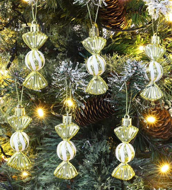 Förpackning med 8,5*3 cm Mini Söta Formade Julgranskulor – Glänsande & Glitterdekorerade – Julgransdekorationer (Guld)
