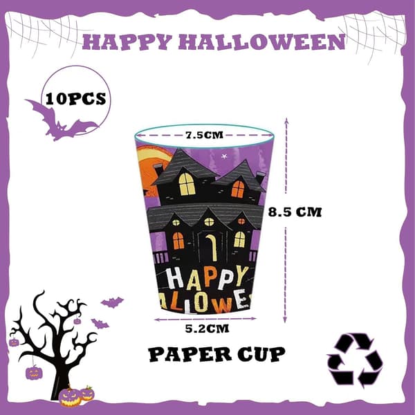 16 stk. engangs papirkopper til Halloween, lilla papirkopper med flaggermusmønster, for kaffe, te, varme drikker