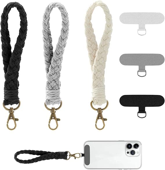 Telefonhandledsrem, 3-pack med fästflikar, bohemisk stil, bomull, vit, grå, svart