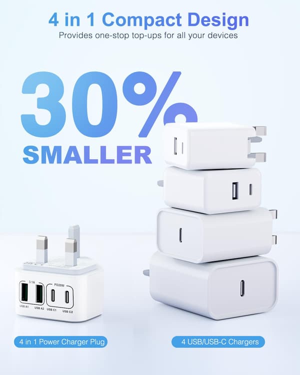 40W USB C Plugg Hurtiglading, UK 4-Port Multi USB Lader Plugg Hurtigladeplugg