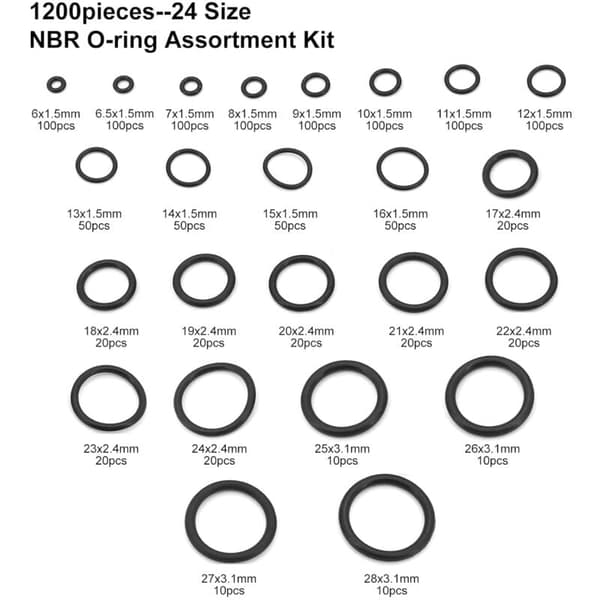 O-ringssats, 1200 st 24 storlekar Assorterade Gummi O-ringstätningar EO-ringstätning