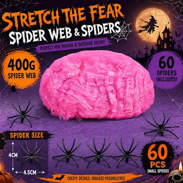400g Halloween-edderkoppespinddekorationer med 60 falske edderkopper, lyserød