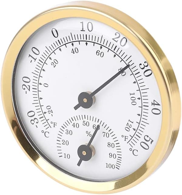 Analog Termometer Hygrometer för Inomhusbruk - Lufttemperaturvisning - 58 mm - Guld + Vit - Bordsmodell