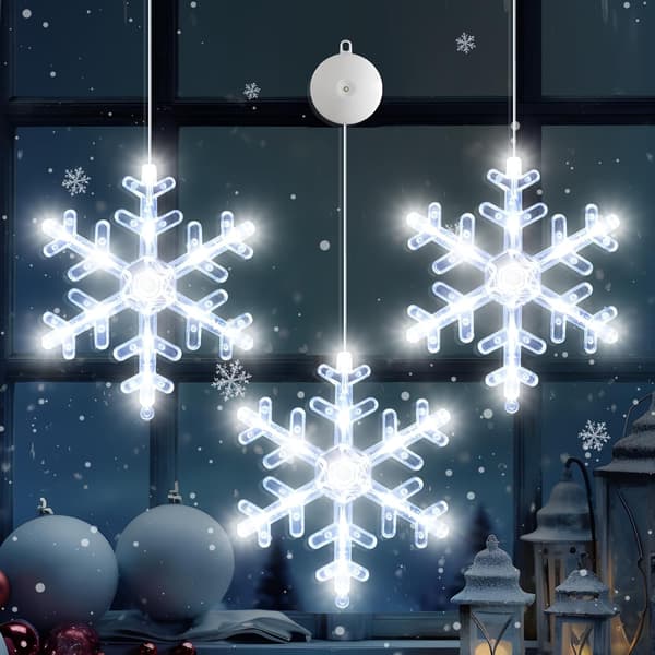 3 stk. batteridrevne julevinduslamper, snøfnuggform, sugekopplampe - 17x17cm