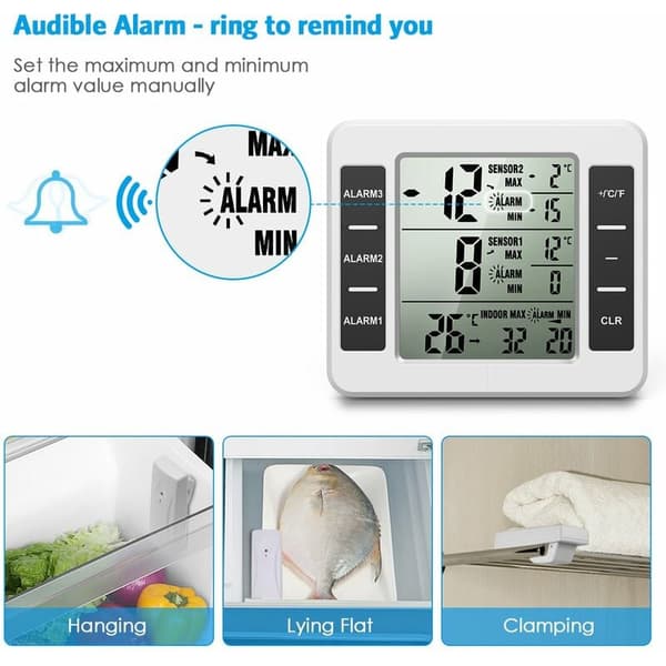 Køleskabstermometer, trådløst indendørs/udendørs termometer, temperatursensor med lydalarm, batterimåler