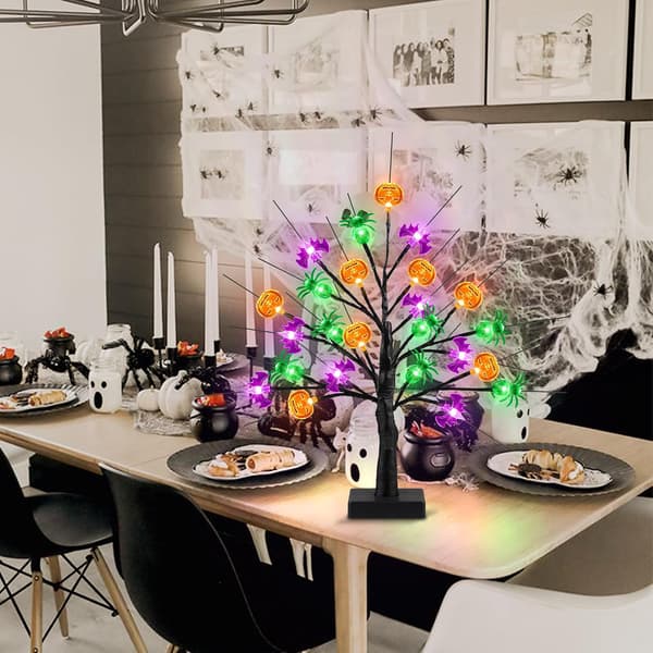 60 cm svart Halloween-tre med 24 LED-lys, gresskar, flaggermus, edderkopp