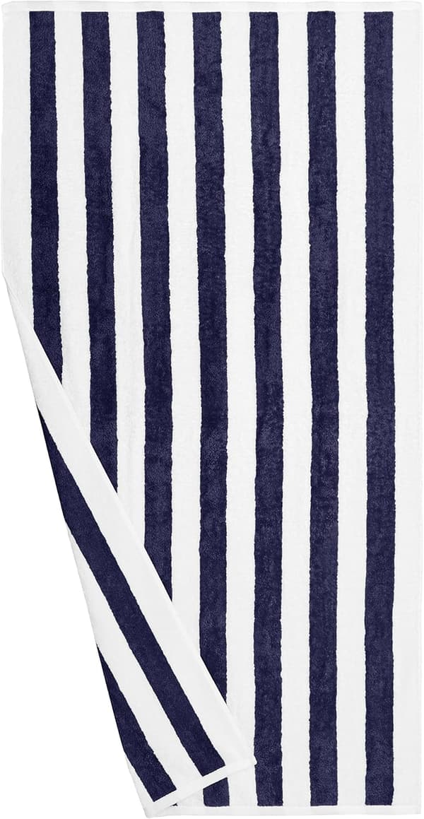 Sæt med 2 100% bomuldsfrotté stribede strand-/poolhåndklæder, bløde og absorberende, 76 x 152 cm, marineblå