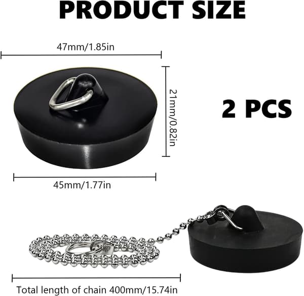 Sæt med 2 gummi afløbspropper, vaskepropper til afløb, til badekar, køkken, badeværelse (45–47 mm, sort)