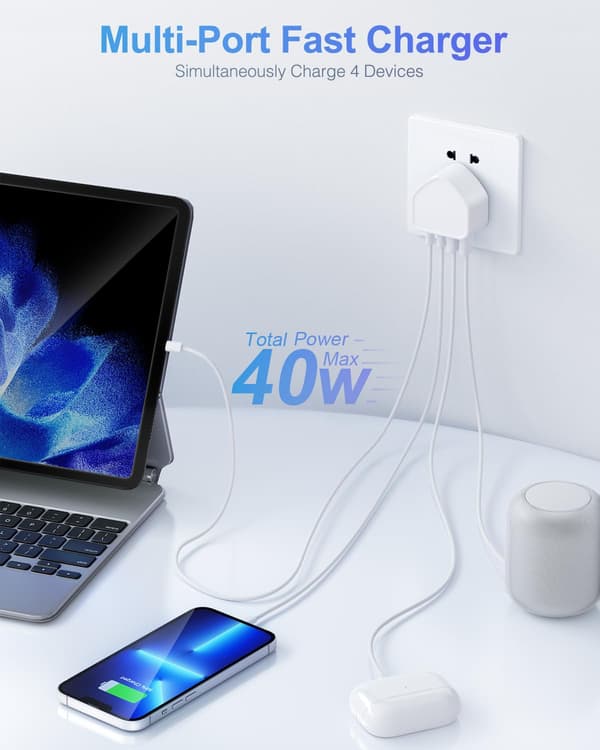 40W USB C Plugg Hurtiglading, UK 4-Port Multi USB Lader Plugg Hurtigladeplugg