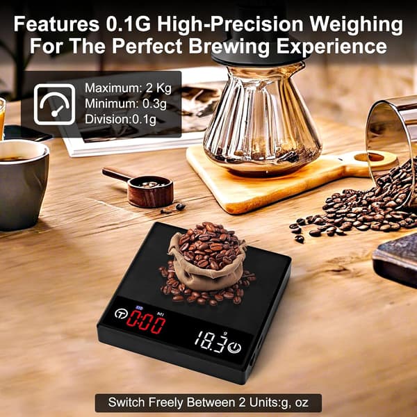 Kaffevægt med timer, genopladelig køkkenvægt med automatisk timer og flowfunktion, præcisionsvægt