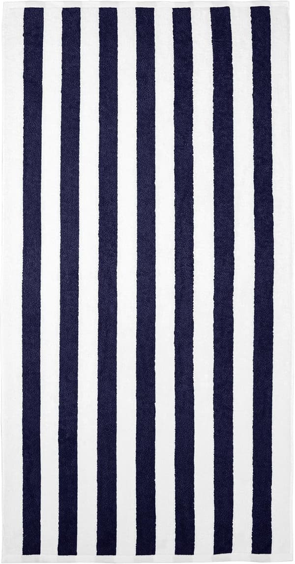 Sæt med 2 100% bomuldsfrotté stribede strand-/poolhåndklæder, bløde og absorberende, 76 x 152 cm, marineblå