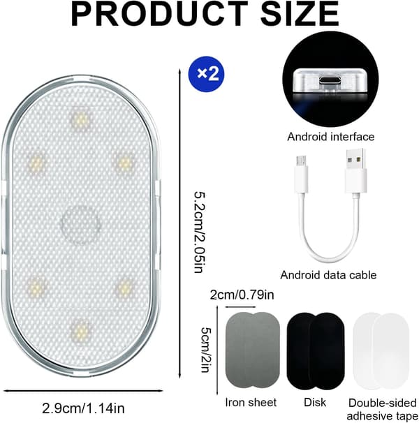 2 stk. bilinteriørlys, mini | 7 farger, trådløse LED-bilinteriørlys med USB-port, bagasjerom og leselys