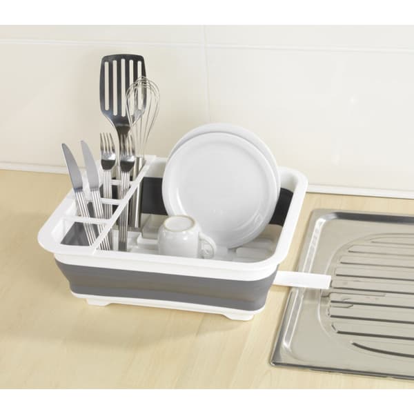 Hopfällbart diskställ, diskställ i plast, bestickhållare och tallriksstöd, plast, 36,5x13x31 cm, vit-grå